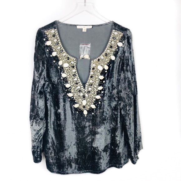 Boston Proper crushed velvet embroidered top - Picture 1 of 6